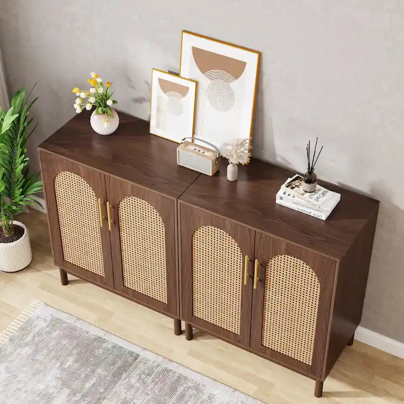 Lot de 2 buffets en rotin, buffet de 150 cm avec portes, meuble d'appoint