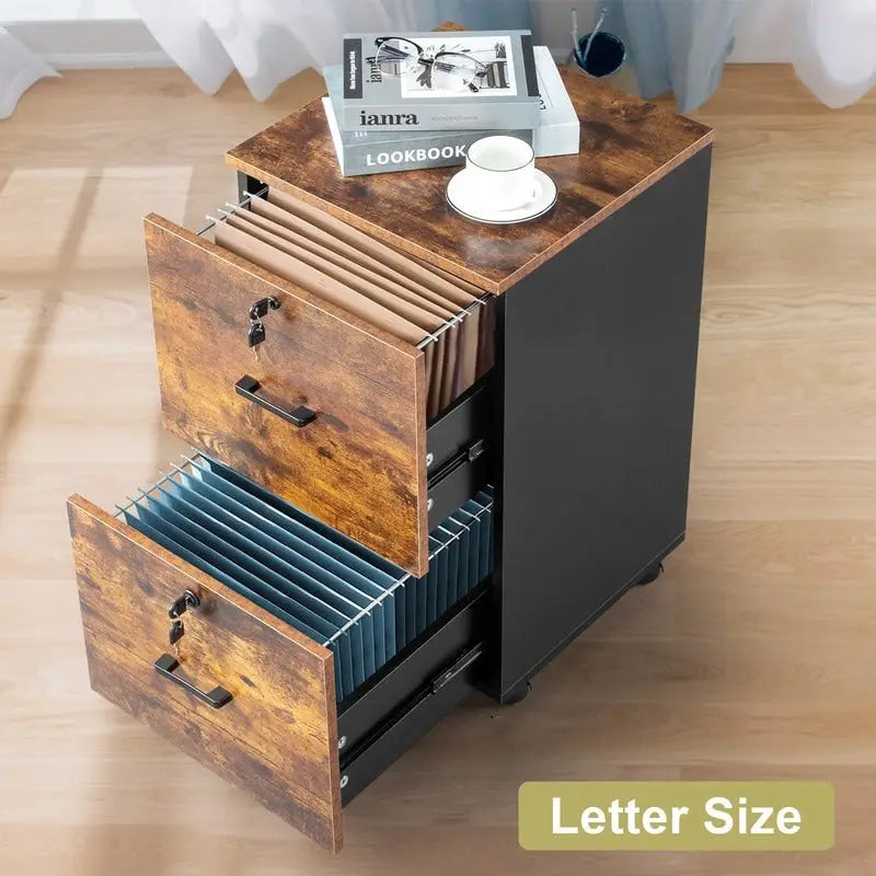 2-Drawer Rolling Wood File Cabinet with Lock