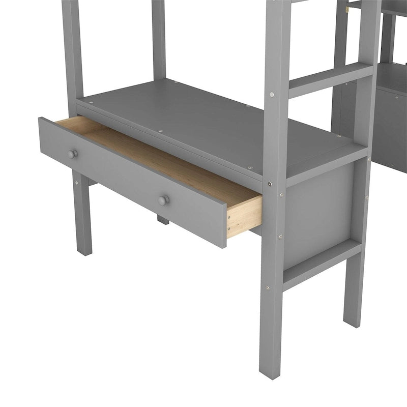 Merax Loft Bed with Built-in Desk, Storage Shelves and Drawers