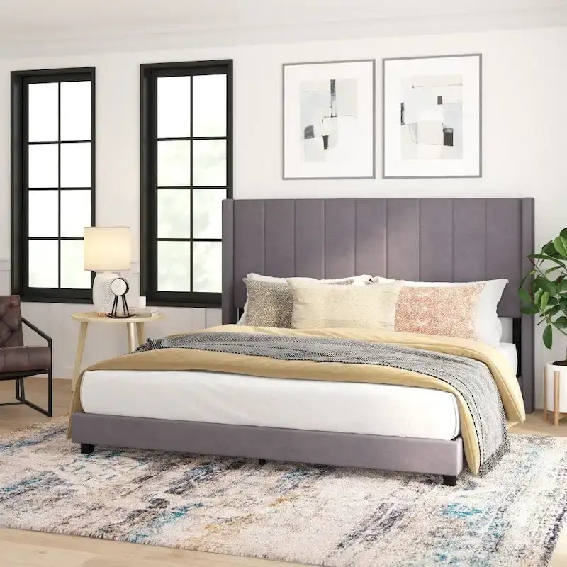 Upholstered Platform Bed with Wingback Headboard
