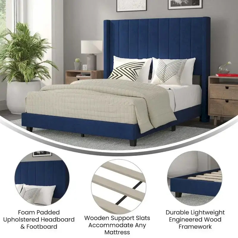 Upholstered Platform Bed with Wingback Headboard