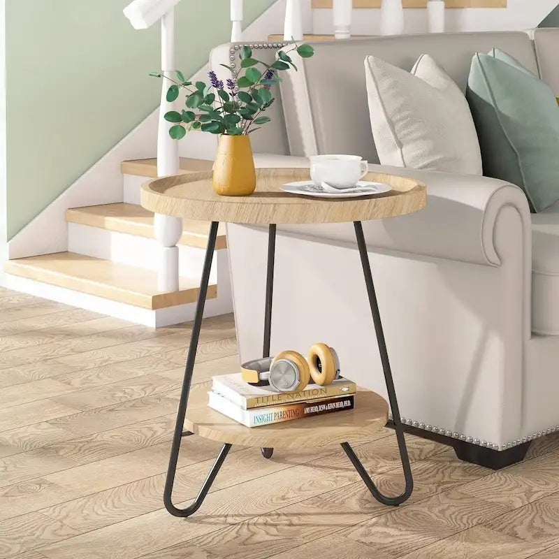 Round Side Table, Wooden End Table, 2-Tier Sofa Side Table with Metal Legs