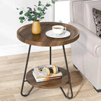 Round Side Table, Wooden End Table, 2-Tier Sofa Side Table with Metal Legs