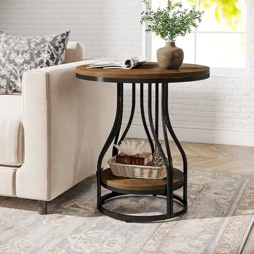 Table d'appoint ronde à 2 niveaux en faux marbre avec cadre métallique élégant, Tables de chevet simples et modernes