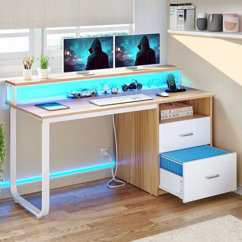 Moasis Computer Desk with Monitor Stand Home Office Gaming Desks with Drawer Filing Cabinet