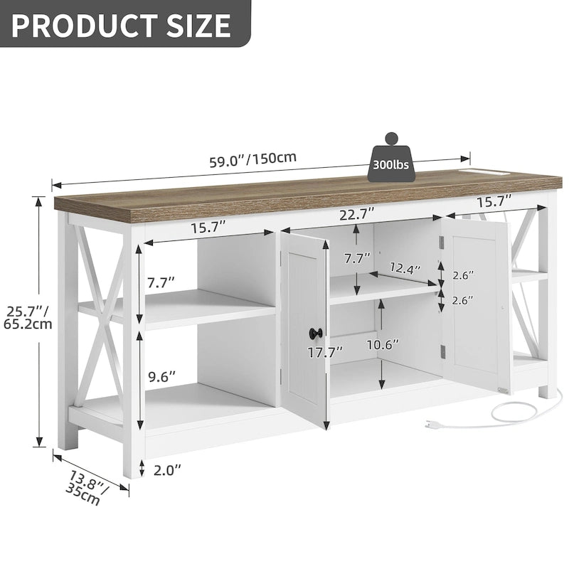 Moasis Farmhouse 59 TV Stand Entertainment Center with Storage Shelves for TVs up to 65-inch
