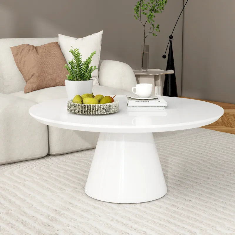 Mesa de centro moderna tipo cono para sala de estar, acabado brillante, 35.4 pulgadas de diámetro, blanco o negro