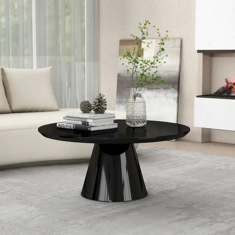 Mesa de centro moderna tipo cono para sala de estar, acabado brillante, 35.4 pulgadas de diámetro, blanco o negro
