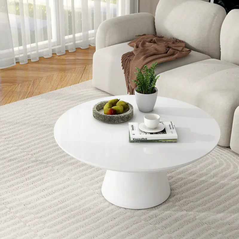 Mesa de centro moderna tipo cono para sala de estar, acabado brillante, 35.4 pulgadas de diámetro, blanco o negro