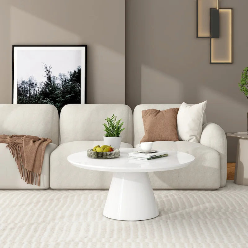 Mesa de centro moderna tipo cono para sala de estar, acabado brillante, 35.4 pulgadas de diámetro, blanco o negro