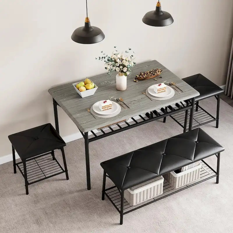 Dining Table Set for 4, Kitchen Table Set with Upholstered Bench and Square Stools
