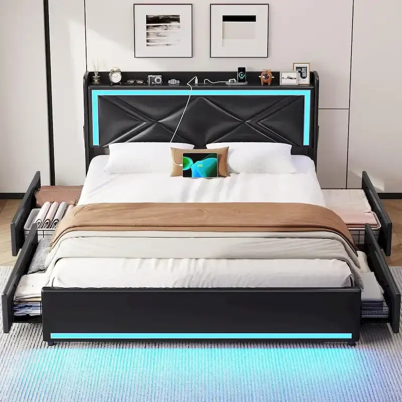 Bed Frame LED Lights Headboard & USB-C/A Charging Station 4 Drawers