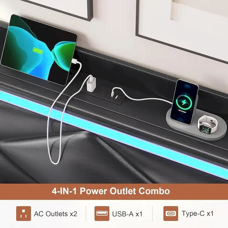 Bed Frame LED Lights Headboard & USB-C/A Charging Station 4 Drawers