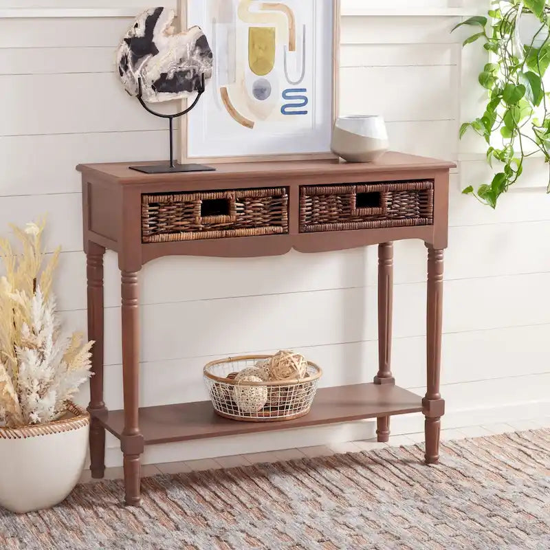 Mesa consola de ratán con cajón y estante inferior - 36W x 13D x 32H