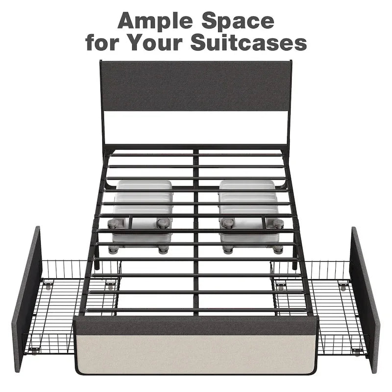 Bed Frame With 2 Storage Drawers And Upholstered Headboard