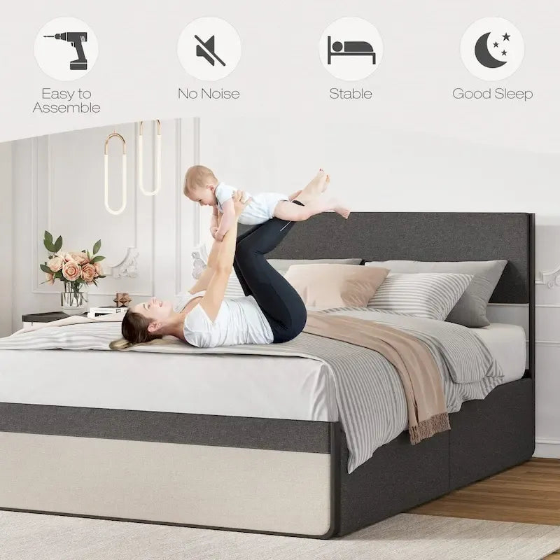 Bed Frame With 2 Storage Drawers And Upholstered Headboard
