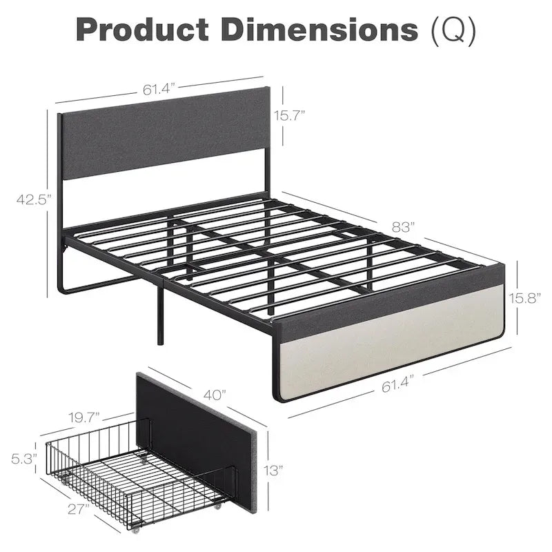 Bed Frame With 2 Storage Drawers And Upholstered Headboard