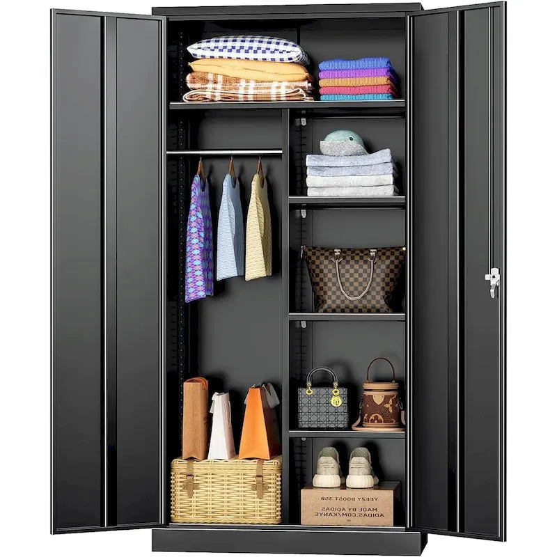 72 Tall Metal Lockable Wardrobe Armoire Storage Cabinet Locker with Hanging Rod for Garage, Gym, Home Office