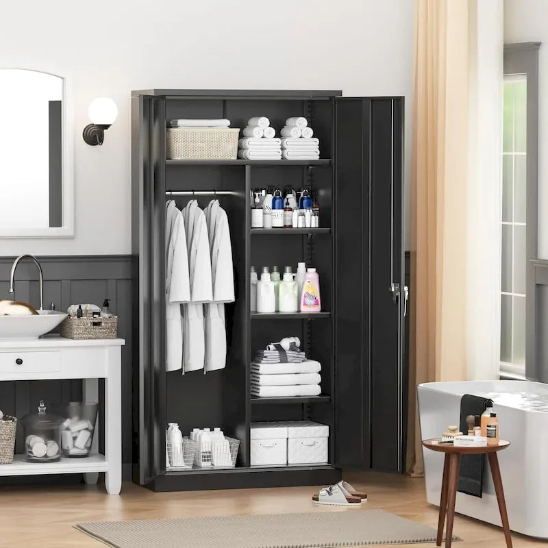 72 Tall Metal Lockable Wardrobe Armoire Storage Cabinet Locker with Hanging Rod for Garage, Gym, Home Office