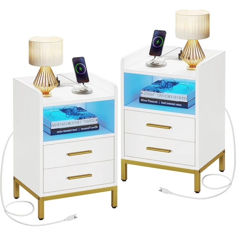 Moasis Table de chevet moderne à LED, lot de 2, avec tiroir et étagère de rangement, table d'appoint avec station de charge