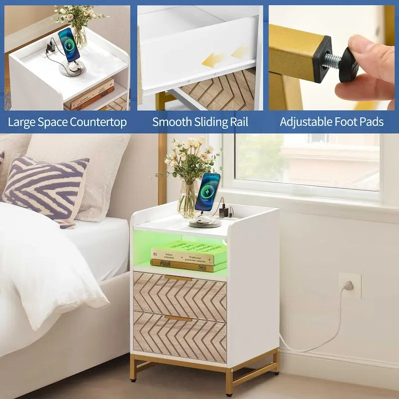 Moasis Table de chevet moderne à LED, lot de 2, avec tiroir et étagère de rangement, table d'appoint avec station de charge