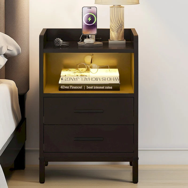 Moasis Table de chevet moderne à LED, lot de 2, avec tiroir et étagère de rangement, table d'appoint avec station de charge