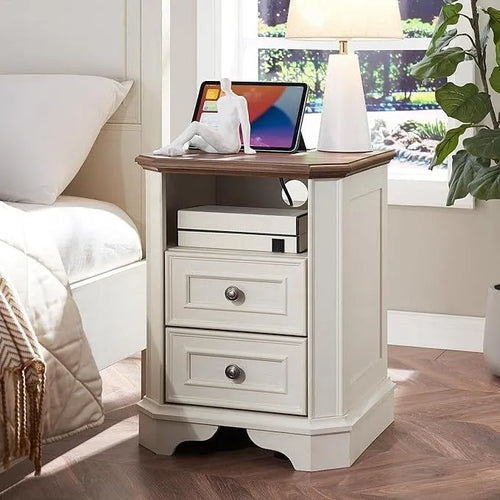 18 Farmhouse Nightstand with Charging Station, End Table,Side Table