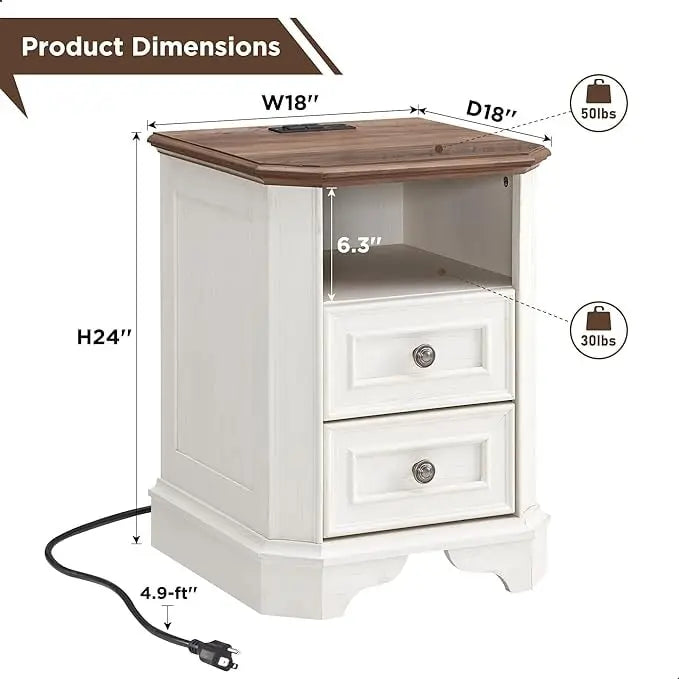 Table de chevet de ferme de 18 po avec station de chargement, table d'appoint, petite table