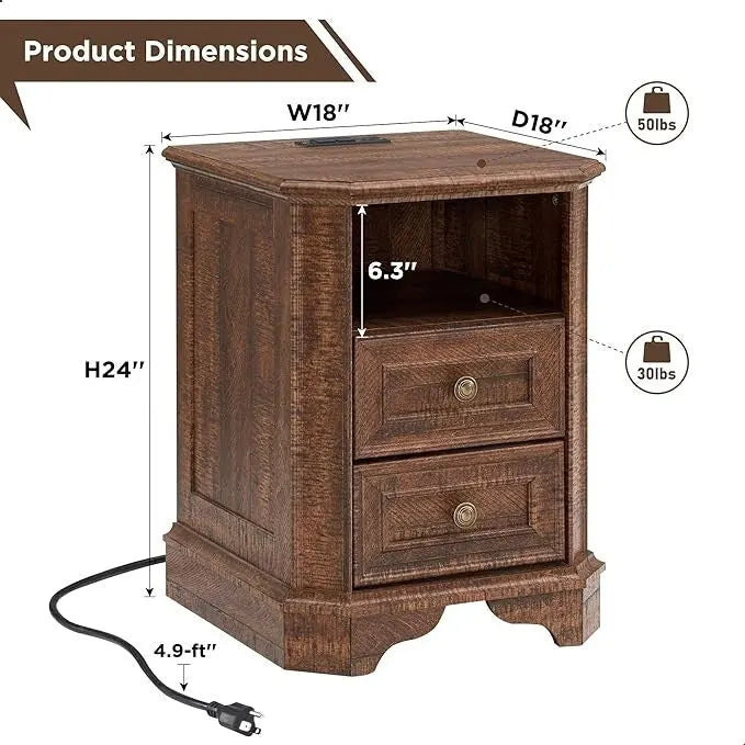 Table de chevet de ferme de 18 po avec station de chargement, table d'appoint, petite table