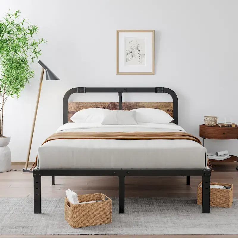 Lit en fer anti-basculement robuste de 40 pouces avec tête de lit en bois massif