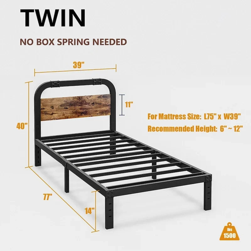 Lit en fer anti-basculement robuste de 40 pouces avec tête de lit en bois massif