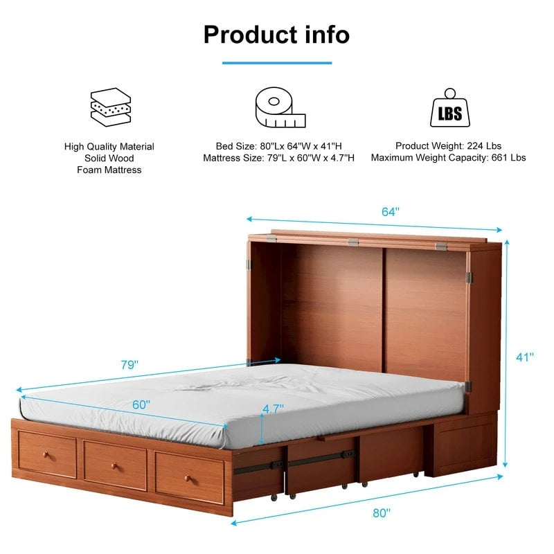 Mixoy Murphy Bed with Foldable Mattress,Modern Cube Cabinet Bed with Storage Drawer & USB Charging Station