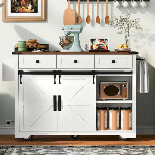 53.5 Farmhouse Kitchen Island with Power Outlet, Drop Leaf, Spice Rack, Drawer, and Wheels