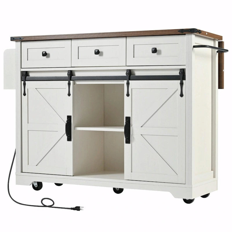 53.5 Farmhouse Kitchen Island with Power Outlet, Drop Leaf, Spice Rack, Drawer, and Wheels