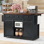 53.5 Farmhouse Kitchen Island with Power Outlet, Drop Leaf, Spice Rack, Drawer, and Wheels