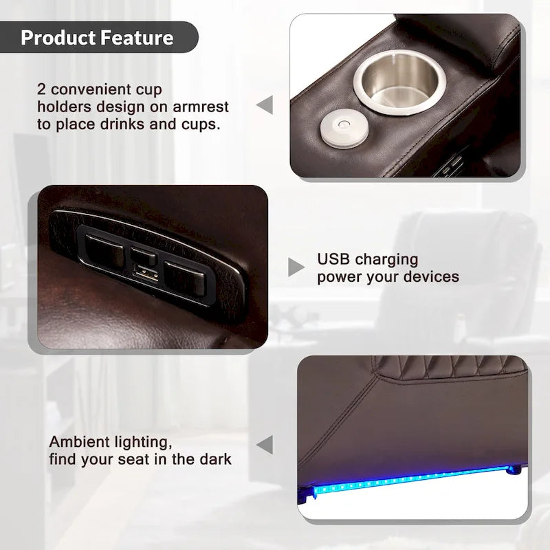 Sillón reclinable eléctrico con portavasos y puerto de carga USB