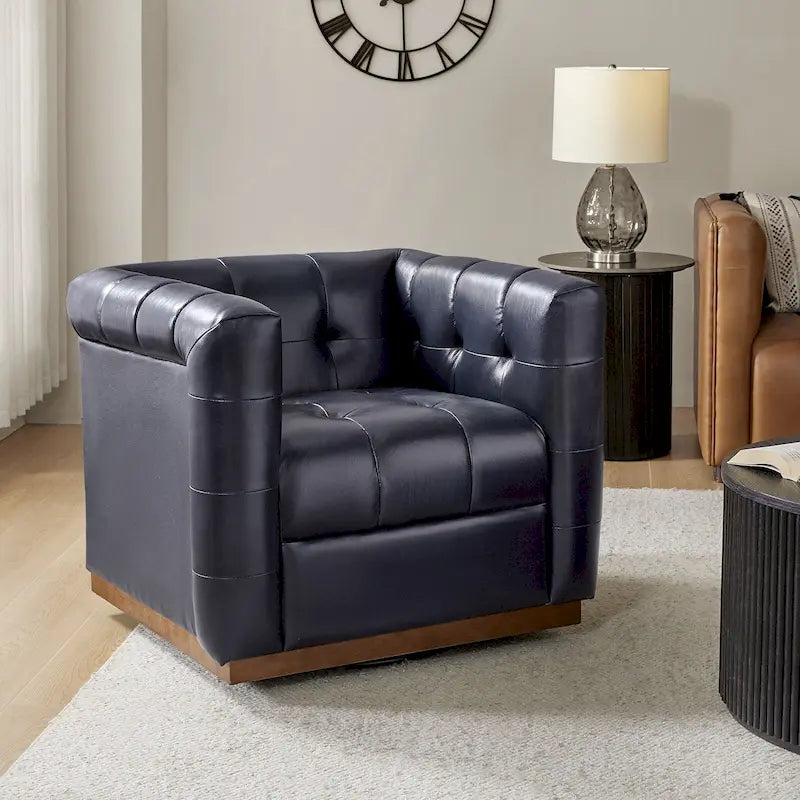 JeremiasMid-certury Modern GenuineLeatherTufted SwivelClubChair with Wooden Apron by HULALA HOME