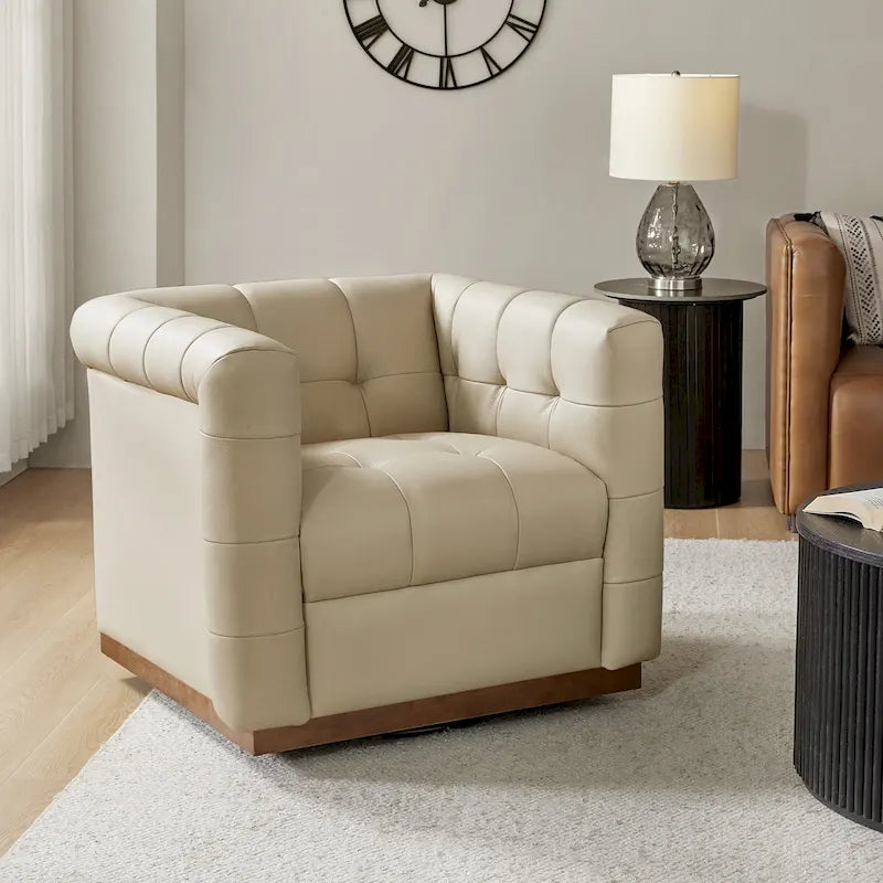 JeremiasMid-certury Modern GenuineLeatherTufted SwivelClubChair with Wooden Apron by HULALA HOME