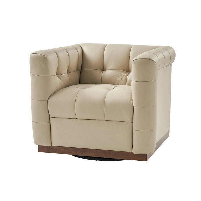 JeremiasMid-certury Modern GenuineLeatherTufted SwivelClubChair with Wooden Apron by HULALA HOME