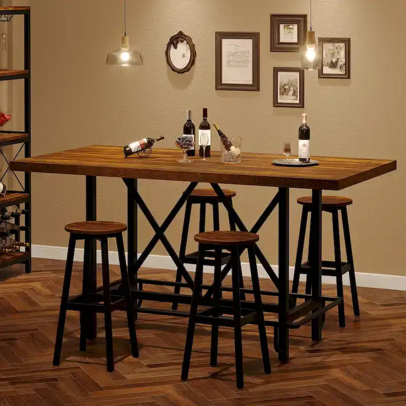 6-People Counter Bar Height Pub Table withe Footrest, Tall Bar Table with Thicken Wood Tabletop and Metal Frame for Home/Kitchen