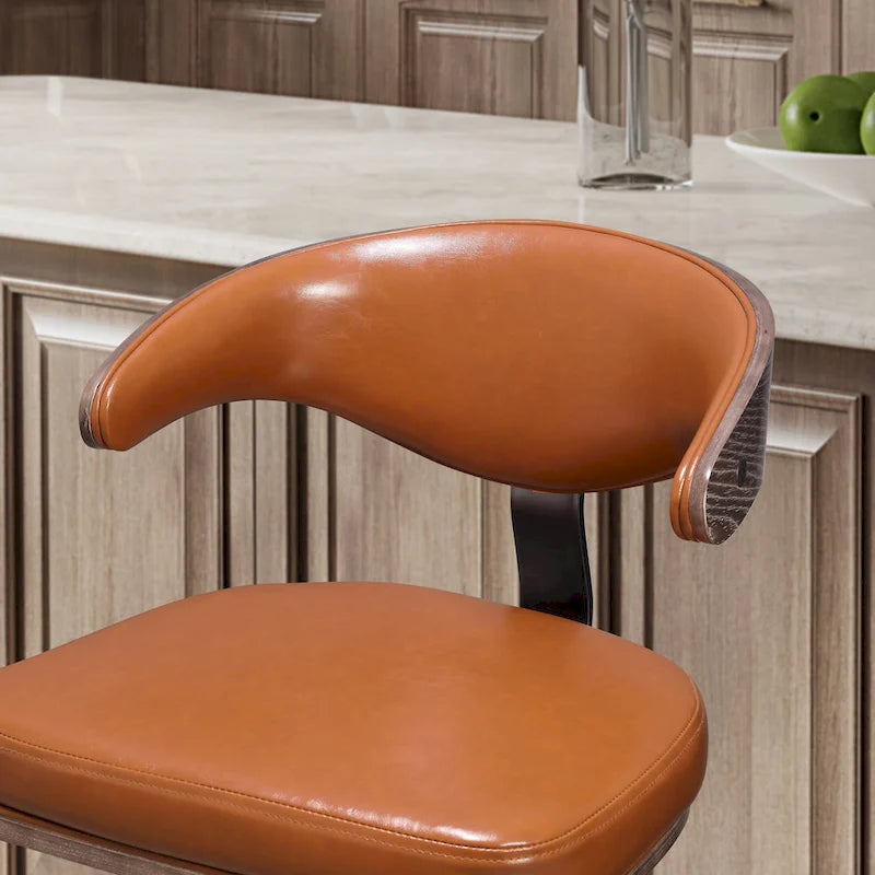 Taburete de bar giratorio de piel sintética, ajustable, con detalles de madera