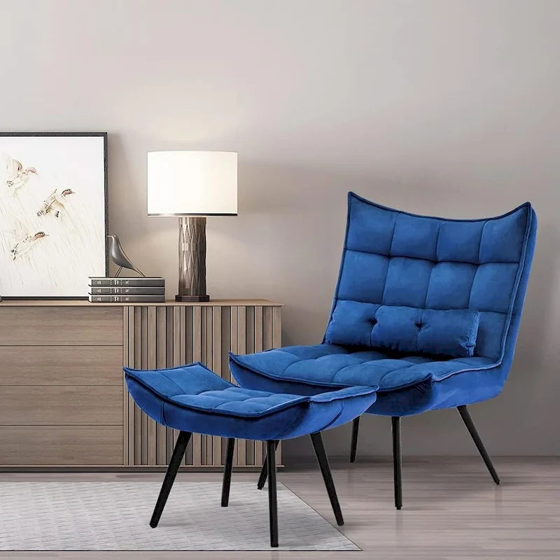 Fauteuil d'appoint Mcombo avec ottoman, Fauteuil capitonné en velours à oreilles, Chaises rembourrées avec pieds en métal pour Chambre Salon 4079