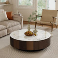 Table basse ronde moderne en faux marbre 35 po, plateau en pierre frittée blanche brillante, table du milieu du siècle avec tiroir en bois massif