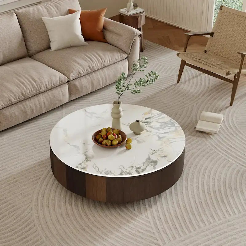 Table basse ronde moderne en faux marbre 35 po, plateau en pierre frittée blanche brillante, table du milieu du siècle avec tiroir en bois massif