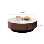 Table basse ronde moderne en faux marbre 35 po, plateau en pierre frittée blanche brillante, table du milieu du siècle avec tiroir en bois massif