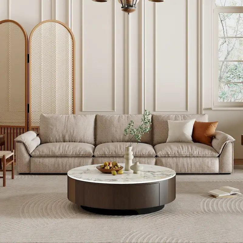 Table basse ronde moderne en faux marbre 35 po, plateau en pierre frittée blanche brillante, table du milieu du siècle avec tiroir en bois massif