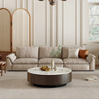 Table basse ronde moderne en faux marbre 35 po, plateau en pierre frittée blanche brillante, table du milieu du siècle avec tiroir en bois massif