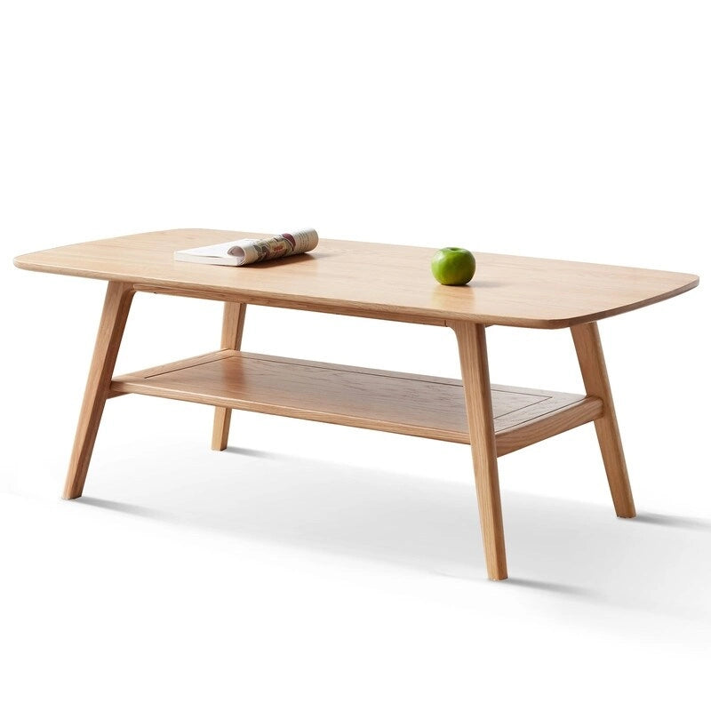 Grondin Nordic Natural Solid Wood 2-Tier Coffee Table with Shelf, Rectangle Accent Cocktail Table