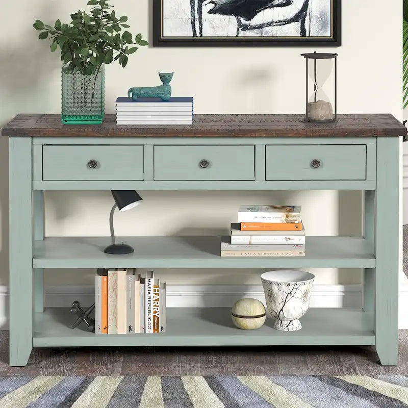 Modern Solid Pine Wood Top Console Table with 3 Drawers and 2 Shelves