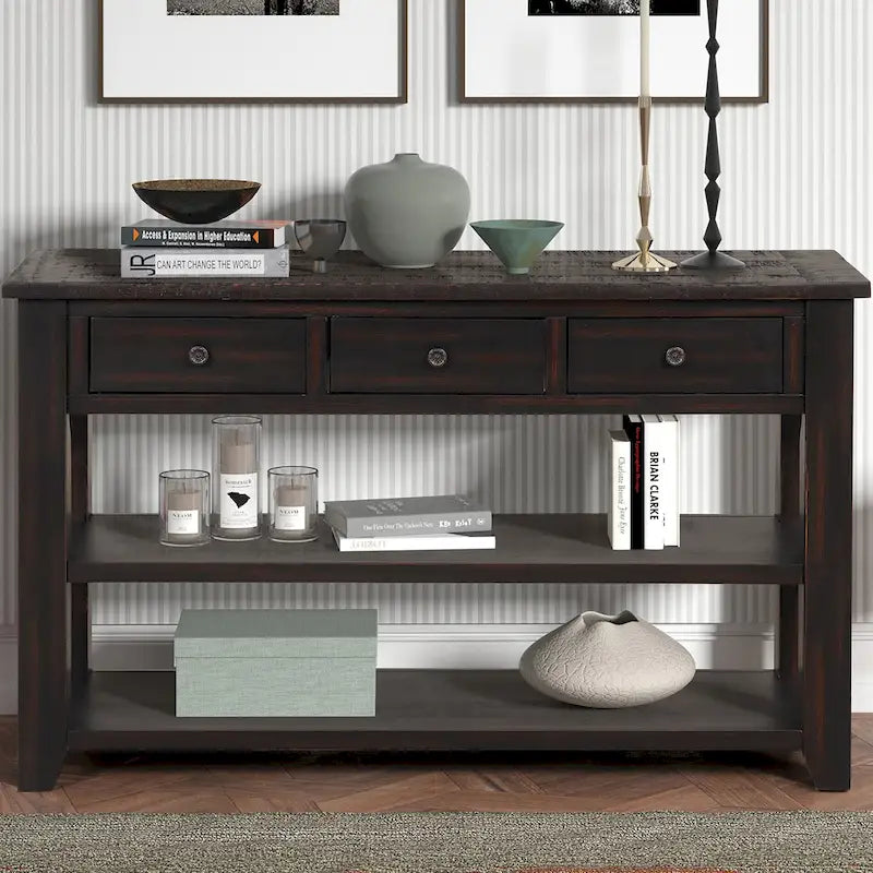 Modern Solid Pine Wood Top Console Table with 3 Drawers and 2 Shelves